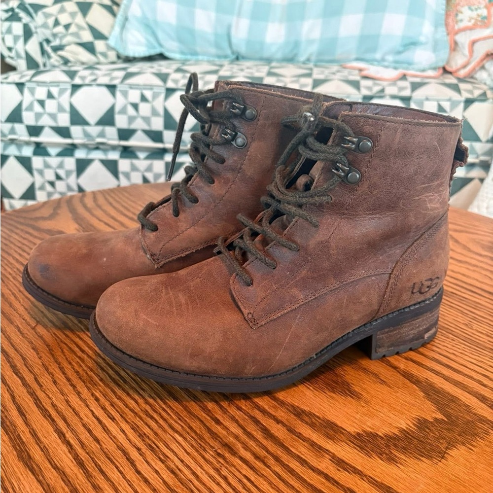 UGG Denhali Brown Leather Shearling Lined Waterproof Boots
